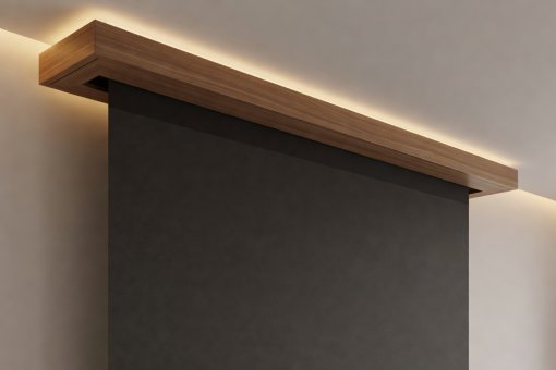 Soft-lit 3D render of a timber ceiling pelmet concealing a motorised ambient light rejecting screen and warm indirect rear cove light