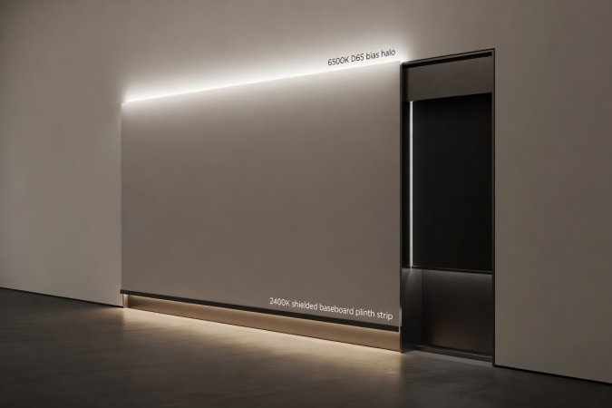 Soft-lit 3D cutaway diagram showing three cinema lighting zones: 6500K D65 bias halo behind a wall display, 2400K shielded baseboard plinth strip for safe footing, and side-channel blackout blind pelmet
