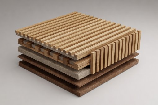 Soft-lit 3D render showing the layered construction of an acoustic timber slat panel mounted on 25mm timber battens stuffed with recycled mineral wool