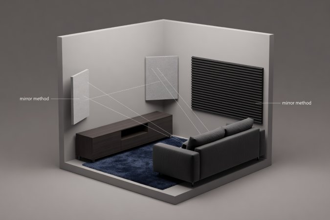 Soft-lit 3D cutaway diagram of a small cinema room illustrating the mirror method for side-wall first reflection panels, rear-wall absorber behind the sofa, and deep pile rug between credenza and seating