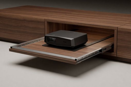 Soft-lit 3D render of an ultra-short-throw projector resting on a precision ball-bearing sliding shelf inside a low-profile timber cabinet