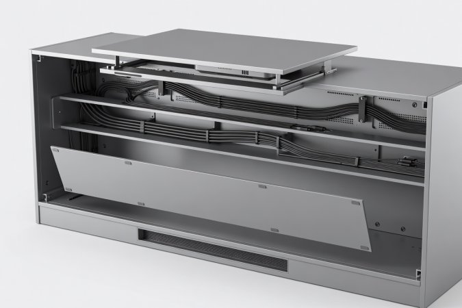 Soft-lit 3D cutaway diagram of a compact cinema credenza showing bottom cold-air intake slot, magnetic false back panel, separated power and signal cable troughs, and motorised UST projector shelf