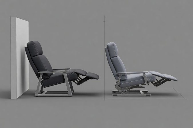 3D cutaway diagram comparing a standard rear-tilt recliner needing 350mm rear wall gap against a zero-clearance forward-gliding modular seat needing 50mm rear wall gap