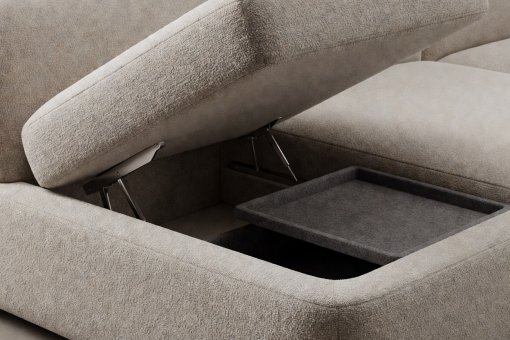 Soft-lit 3D close-up render of a storage sofa base showing matte bouclé wool upholstery, concealed gas-strut hinge, and felt-lined controller tray